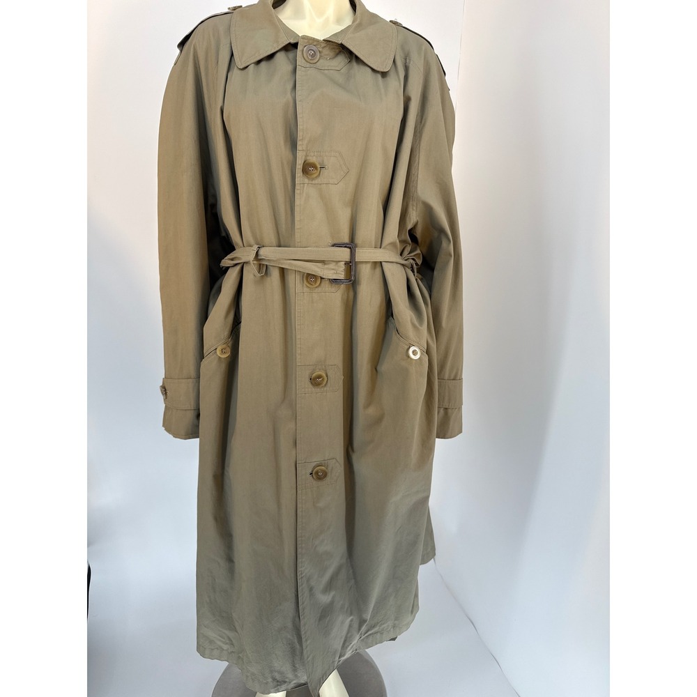 Vintage Olive Drab Belted Trench Coat Womens Button Front Long Rain Jacket‎